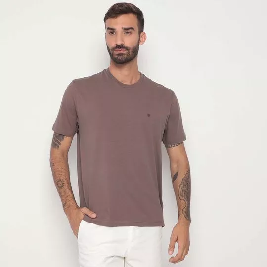 Camiseta Com Bordado- Marrom