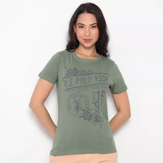 Camiseta Com Inscrições- Verde Militar & Cinza Escuro