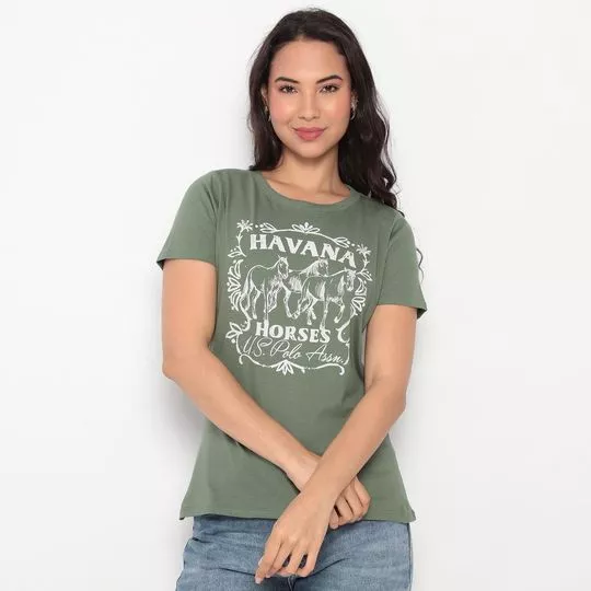 Camiseta Com Inscrições- Verde Militar & Off White