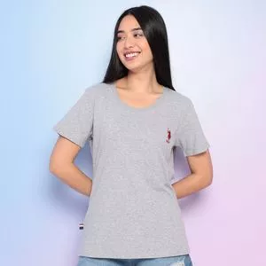 Camiseta Com Bordado<BR>- Cinza Claro & Vermelha