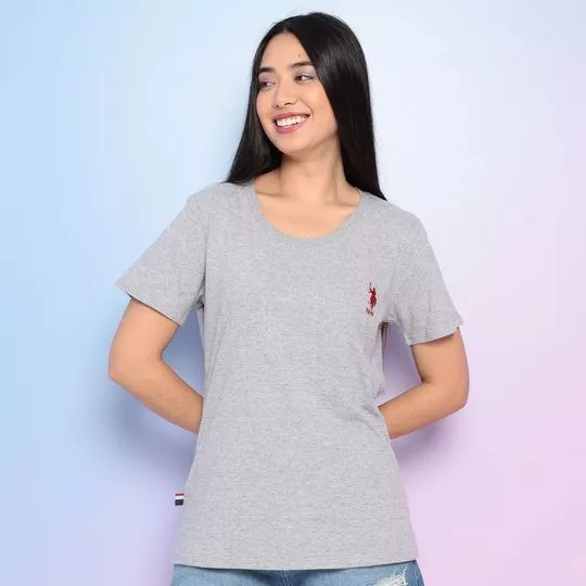 Camiseta Com Bordado- Cinza Claro & Vermelha