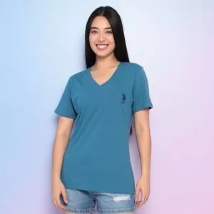 Camiseta Com Bordado<BR>- Azul Turquesa & Azul Marinho