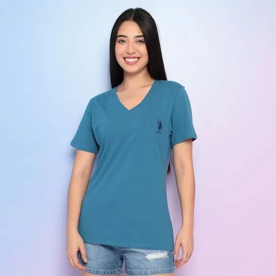 Camiseta Com Bordado- Azul Turquesa & Azul Marinho