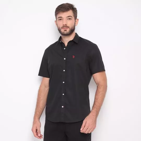 Camisa Regular Fit Com Bolso- Preta