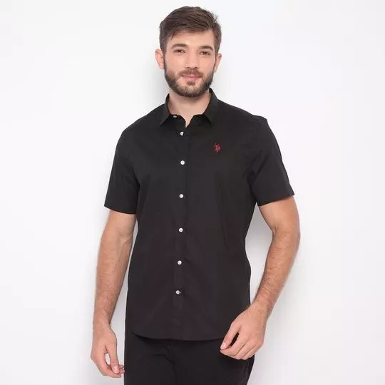 Camisa Regular Fit Com Bolso- Preta