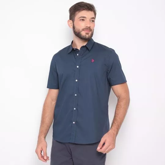 Camisa Regular Fit Com Bordado- Azul Marinho