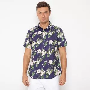 Camisa Floral<BR>- Azul Marinho & Verde