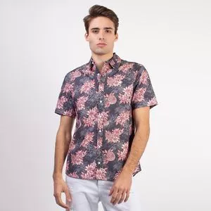 Camisa Floral<BR>- Cinza Escuro & Rosa