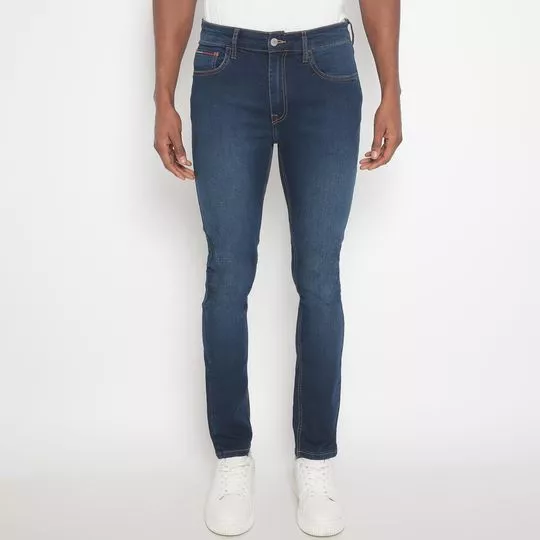 Calça Jeans Skinny Com Recortes- Azul Escuro