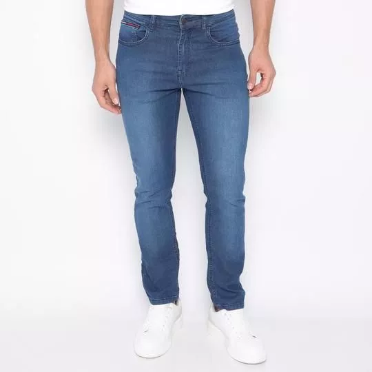 Calça Jeans Reta Com Recortes- Azul Escuro