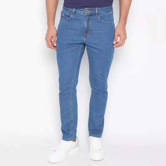 Calça Jeans Reta Com Recortes- Azul Claro