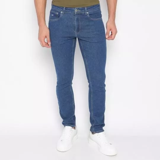 Calça Jeans Reta Com Recortes- Azul Escuro