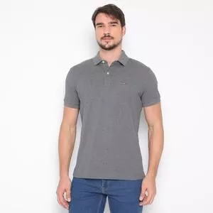 Polo Americana Em Mescla Com Bordado<BR>- Cinza Escuro