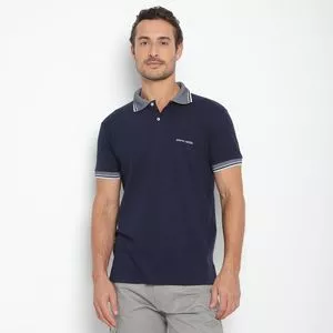 Polo Piquet Pierre Cardin Escrito<BR>- Azul Marinho & Cinza Escuro