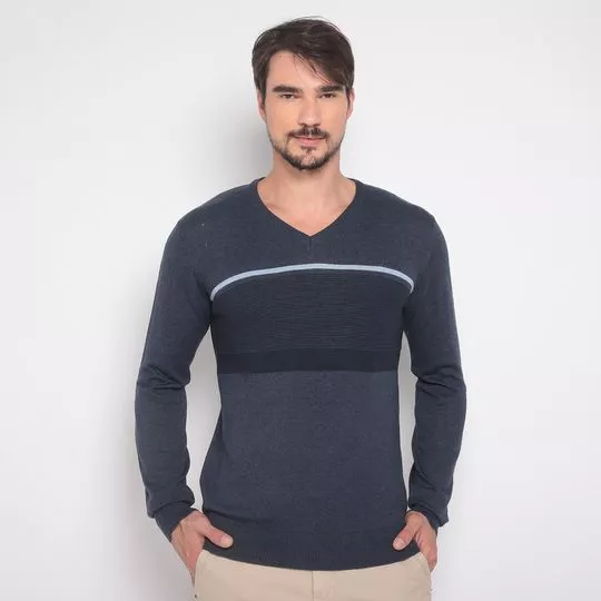 Blusa Decote V Tricô Listradora- Azul Escuro