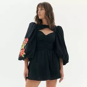 Vestido Curto Com Bordados<BR>- Preto & Amarelo Claro