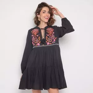 Vestido Curto Com Bordado<BR>- Preto