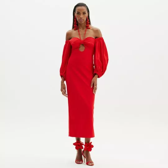 Vestido Midi Com Fenda- Vermelho