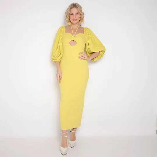 Vestido Midi Com Fenda- Amarelo