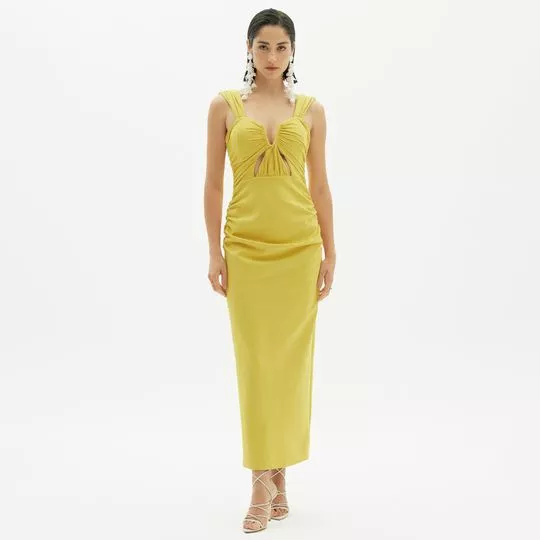 Vestido Midi Com Franzidos- Amarelo