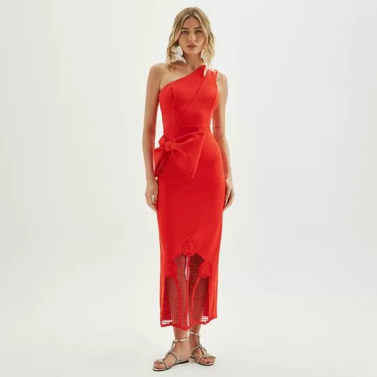 Vestido Midi Ombro Único- Vermelho