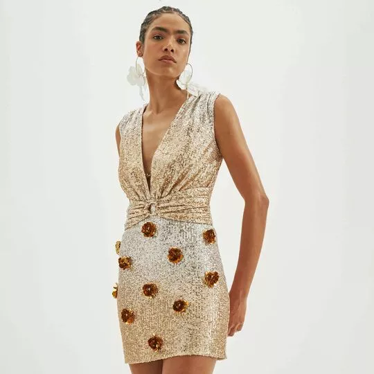 Vestido Curto Com Paetês- Dourado