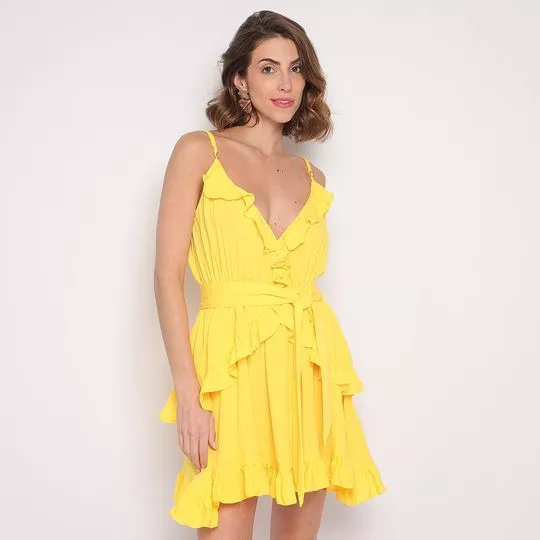 Vestido Curto Com Franzidos- Amarelo