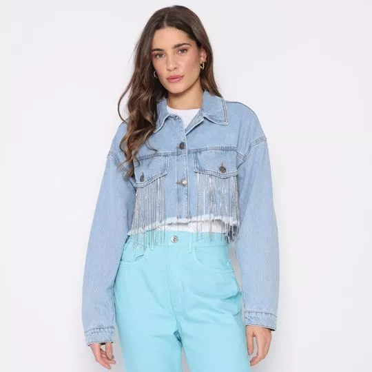 Jaqueta Jeans Cropped Com Termocolantes- Azul Claro