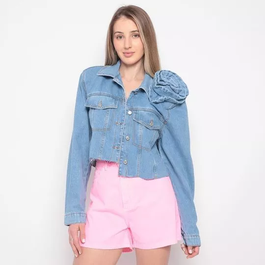 Jaqueta Jeans Cropped Com Aplicação- Azul Claro