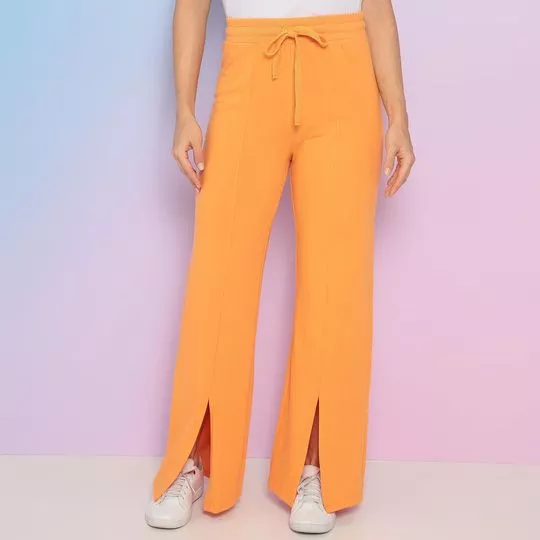 Calça Wide Leg Com Fenda- Laranja