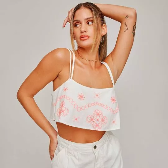 Cropped Em Sarja- Branco & Coral