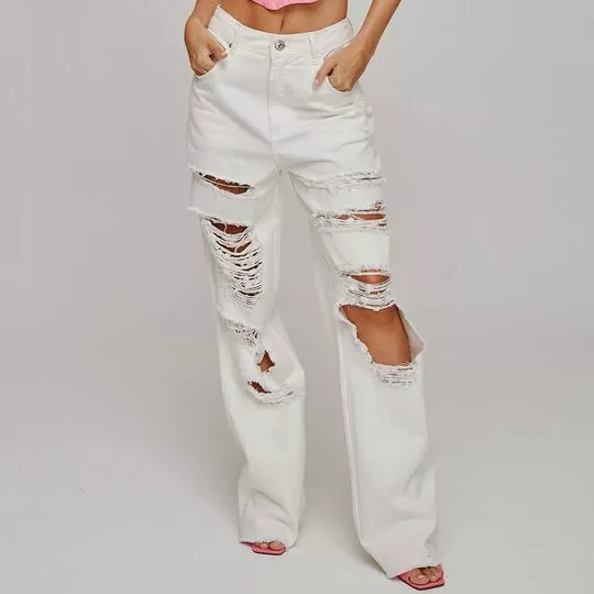 Calça Wide Leg Com Desfiados- Off White