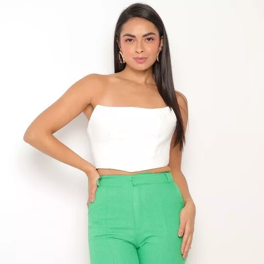 Cropped Em Sarja- Branco & Amarelo Neon