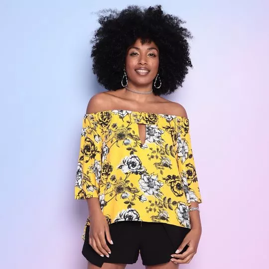 Blusa Ombro A Ombro Floral- Amarela & Preta