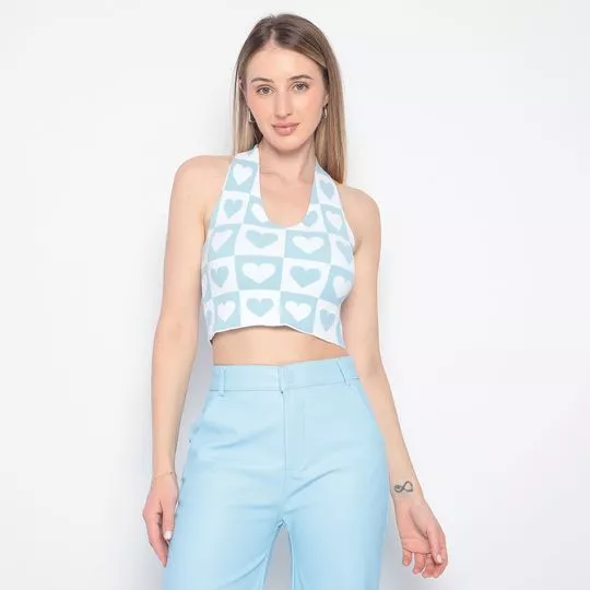 Cropped Em Tricô- Branco & Azul Claro