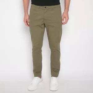 Calça Chino Reta Com Recortes<BR>- Verde Militar