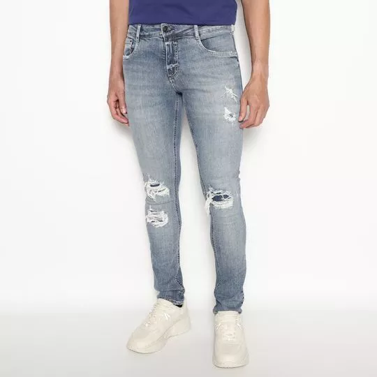 Calça Jeans Skinny Com Destroyed- Azul Claro