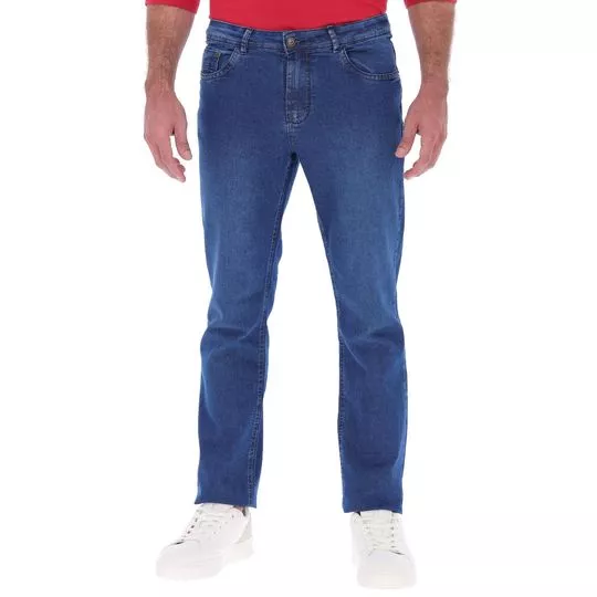 Calça Jeans Reta Com Recortes- Azul- Highstil