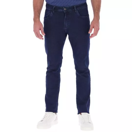 Calça Jeans Reta Com Bolsos- Azul Escuro- Highstil