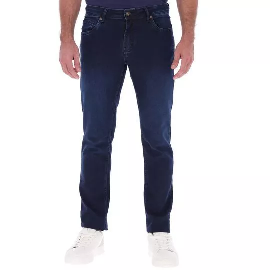 Calça Jeans Reta Com Recortes- Azul- Highstil