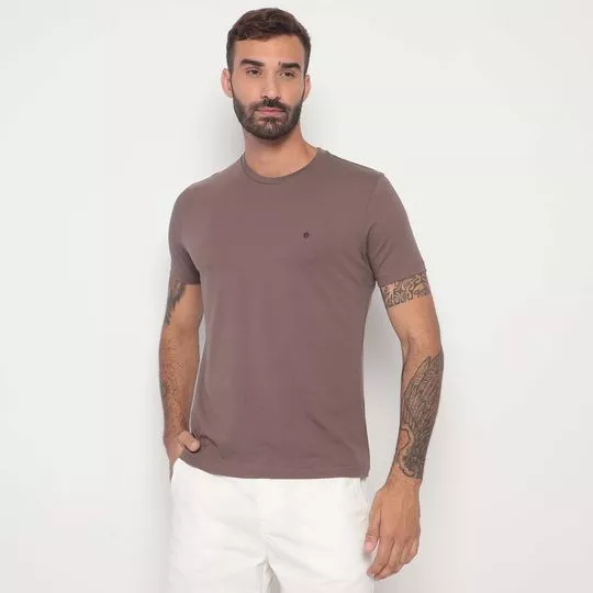 Camiseta Com Bordado- Marrom- Highstil