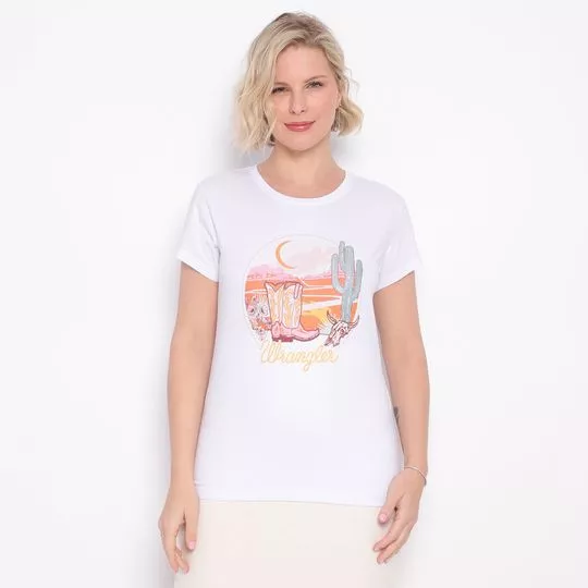 Camiseta Com Estampa Frontal- Branca & Laranja