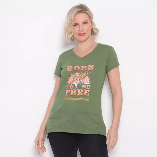 Camiseta Com Inscrições- Verde Militar & Rosa