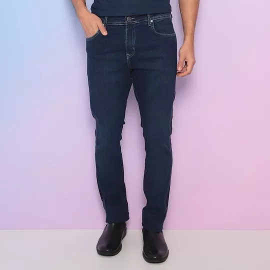 Calça Jeans Reta Com Bolsos- Azul Marinho