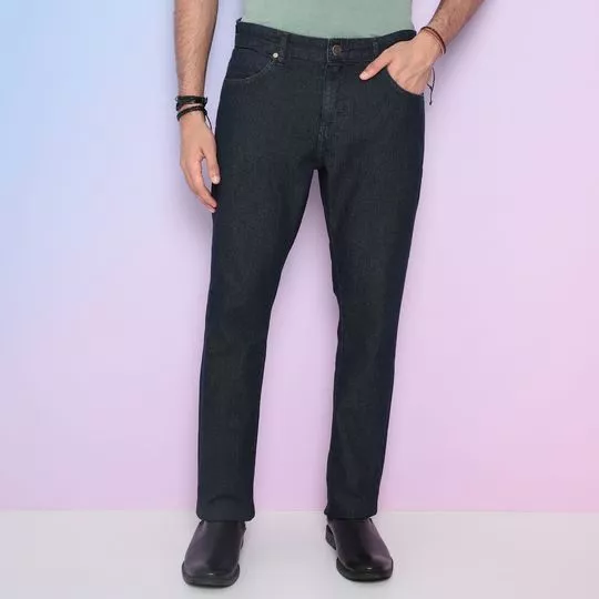 Calça Jeans Reta Com Recortes- Azul Marinho