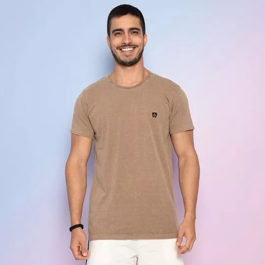 Camiseta Estonada Com Bordado- Marrom