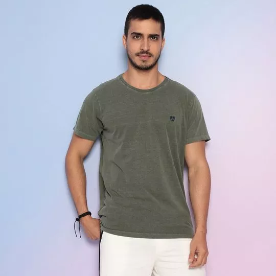 Camiseta Estonada Com Bordado- Verde Militar