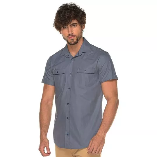 Camisa Slim Fit Com Bolsos- Azul- Teodoro Camisaria