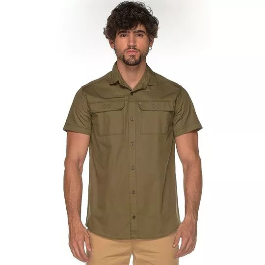 Camisa Slim Fit Com Bolsos- Verde Militar- Teodoro Camisaria