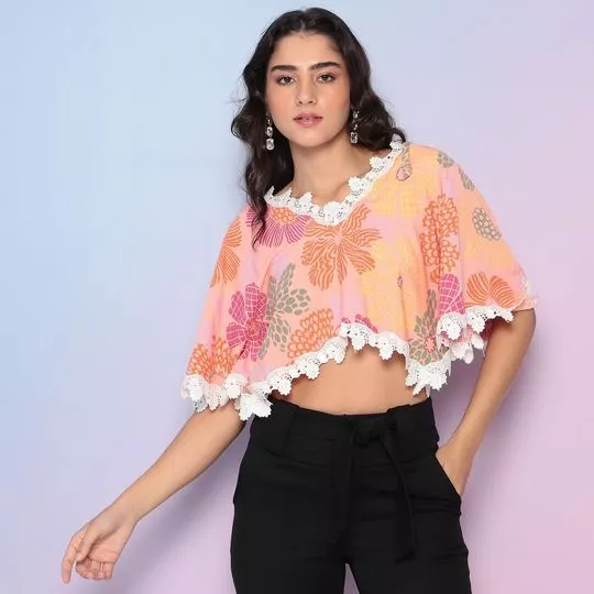 Cropped Floral Com Renda- Rosa Claro & Laranja